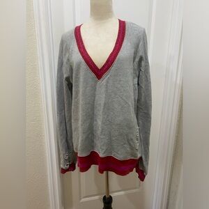 Pam & gela grey grey v neck pullover zipper back pink and red shiny distressed